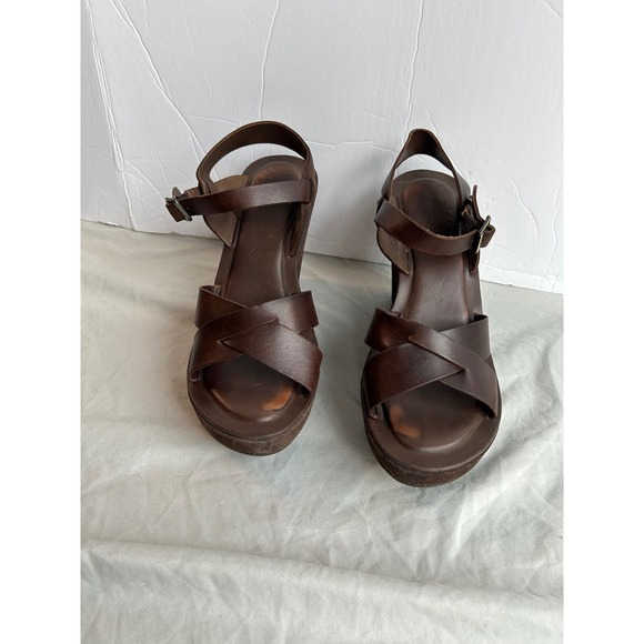 Kork-Ease Shoes - Kork-Ease Brown Leather Platform Wedge Sandals Suede Wrap Boho Retro Womens 8